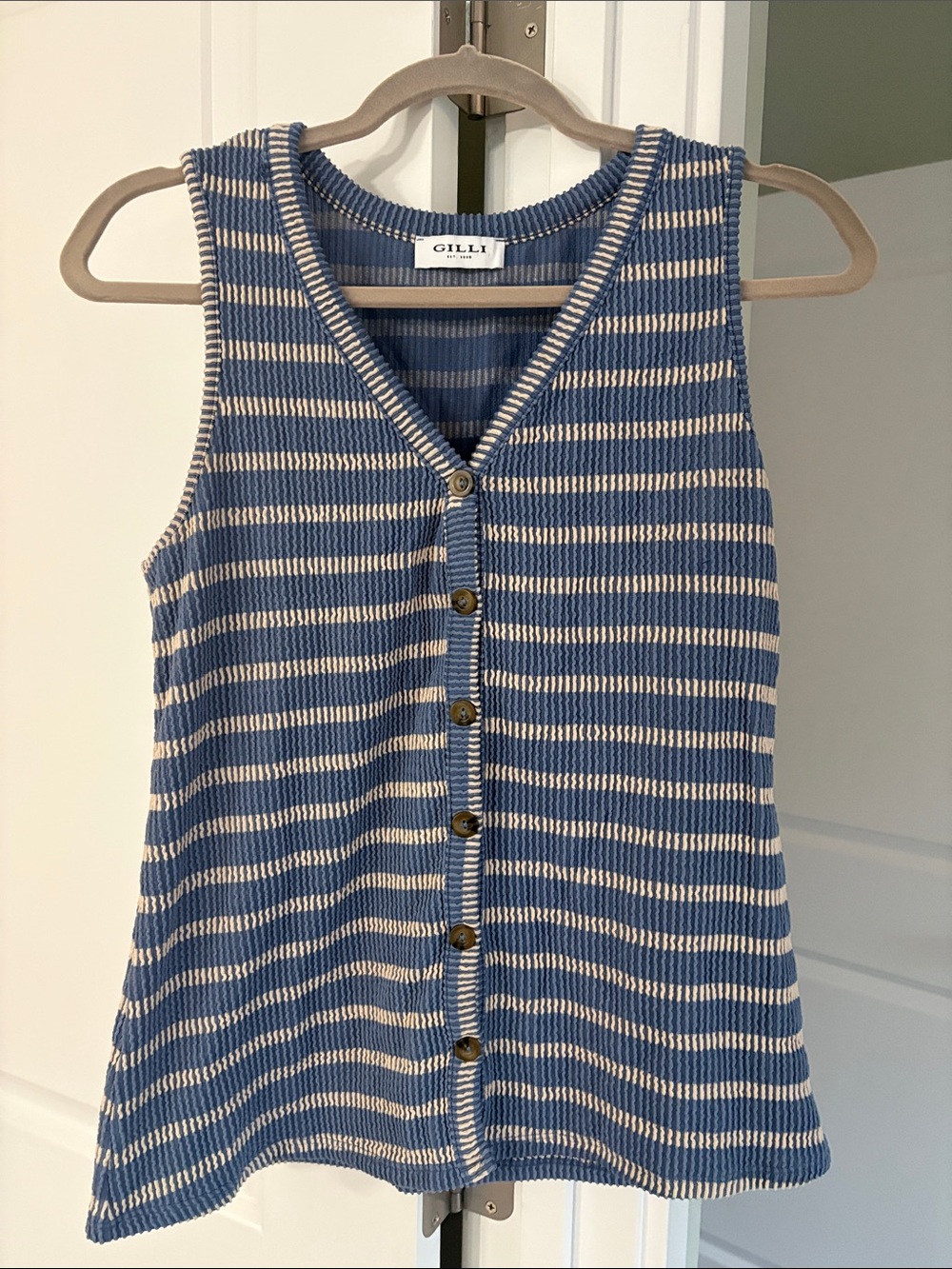 Gilli Blue and Cream Striped Knit Button-Front Tank Top